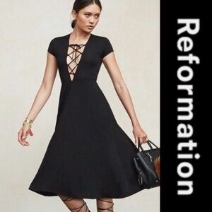 Reformation MIDI Dress plunge lace up neck black SIZE M